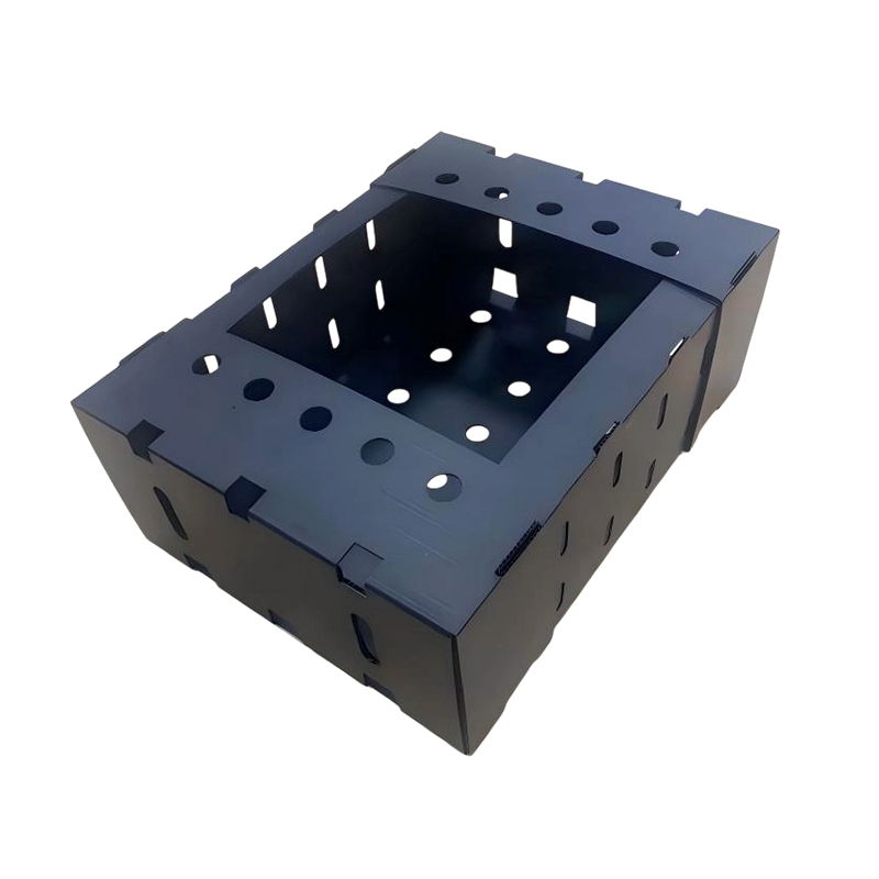 Caja de embalaje de frutas corrugadas de plástico apilable con tapa abierta